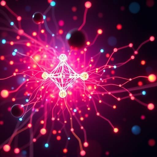 Abstrakte Darstellung von neuronalen Netzen und Quantencomputern mit leuchtenden Datenstr&ouml;men.