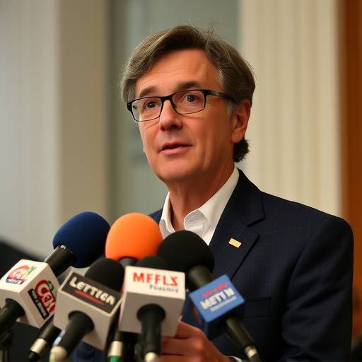 Der Bundeskanzler spricht auf einer Pressekonferenz mit Mikrofonen vor ihm.