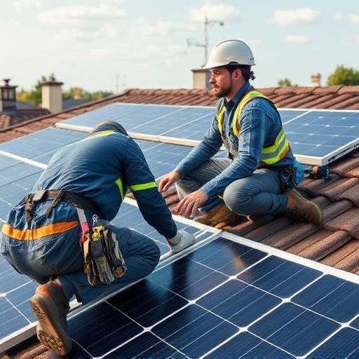 Ein Arbeiter repariert eine Solarzelle auf einem Dach.