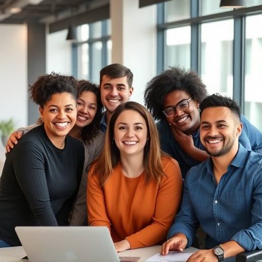 Ein diverses und enthusiastisches Team, das in einem modernen B&uuml;ro zusammenarbeitet und l&auml;chelt.