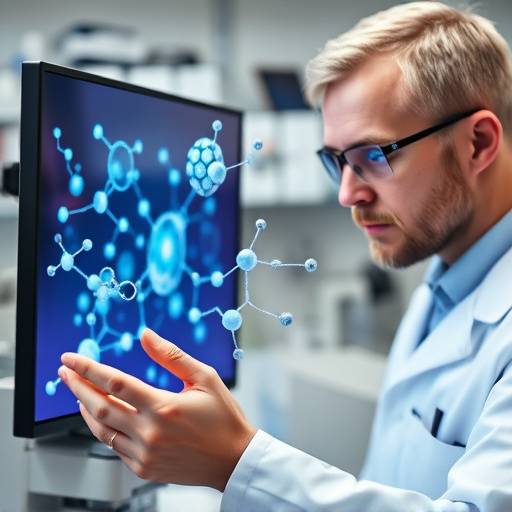 Ein Wissenschaftler untersucht auf einem Bildschirm komplexe 3D-Daten von molekularen Strukturen.