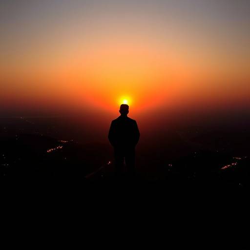 Eine Silhouette einer Person, die auf einen Horizont blickt, der von hellen Lichtern beleuchtet wird.