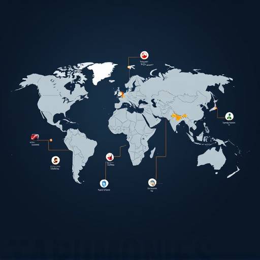 Illustration einer globalen Karte mit vernetzten Lieferketten und Symbolen f&uuml;r verschiedene Transportmittel.