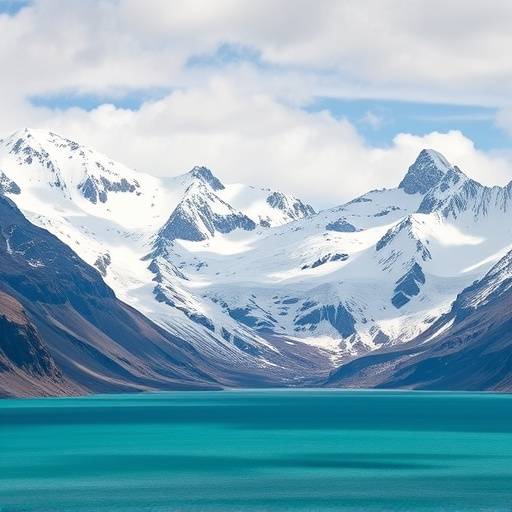 Weite, beeindruckende Landschaft Patagoniens mit schneebedeckten Bergen und einem t&uuml;rkisfarbenen See.